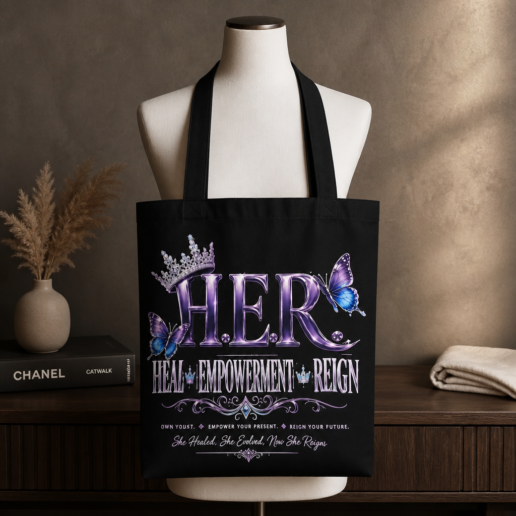 H.E.R. Inspirational Tote Bag | Heal Empowerment Reign Butterfly Crown Tote (Black)