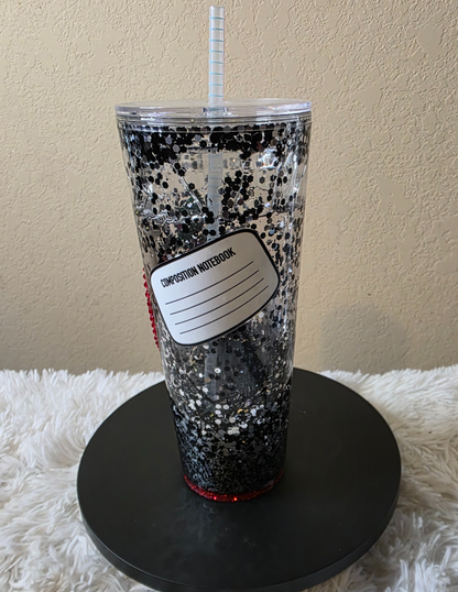 Composition Notebook Snowglobe Tumbler – Glitter Teacher Tumbler Cup | Teacher Gift Bundle with Sticky Note Holder & Dry Erase Board Eraser