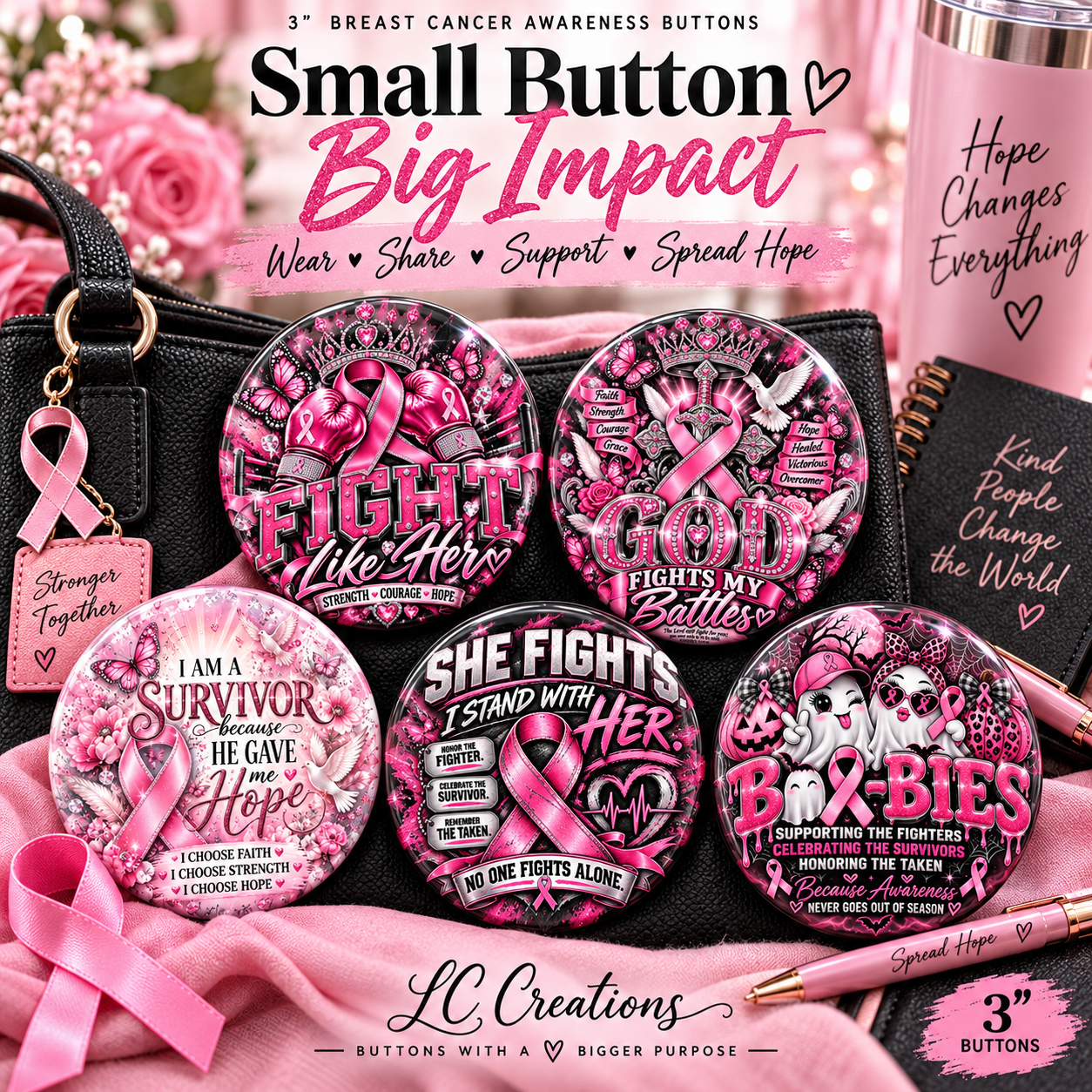 3" Breast Cancer Awareness Buttons | Singles & Assorted Packs