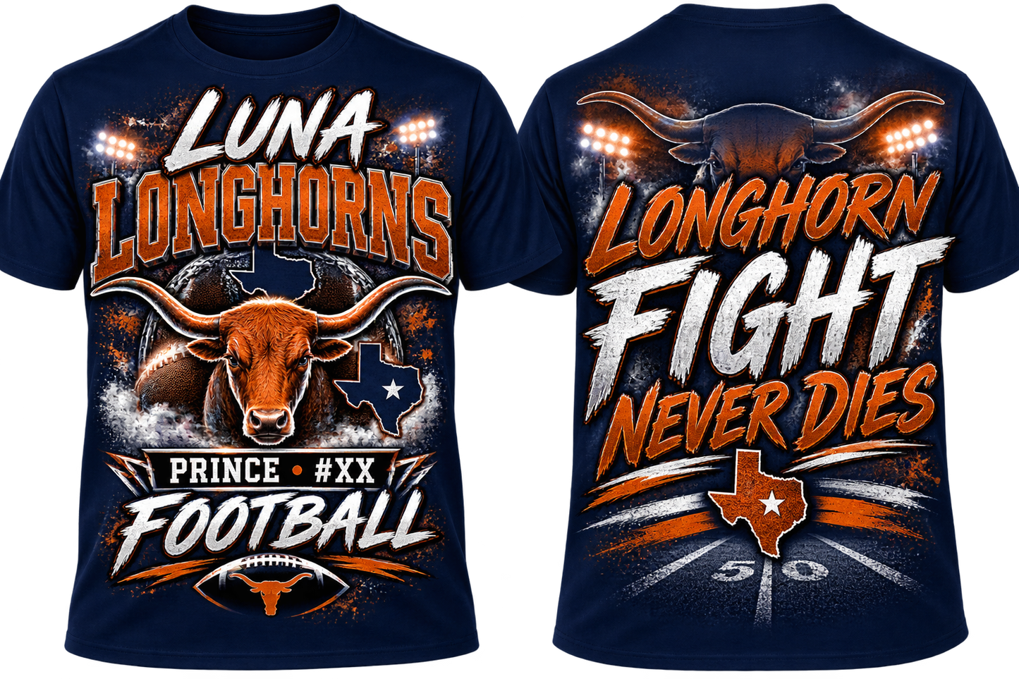 Luna Longhorns Personalized Football Shirt | Custom Player Name & Number Spirit Wear