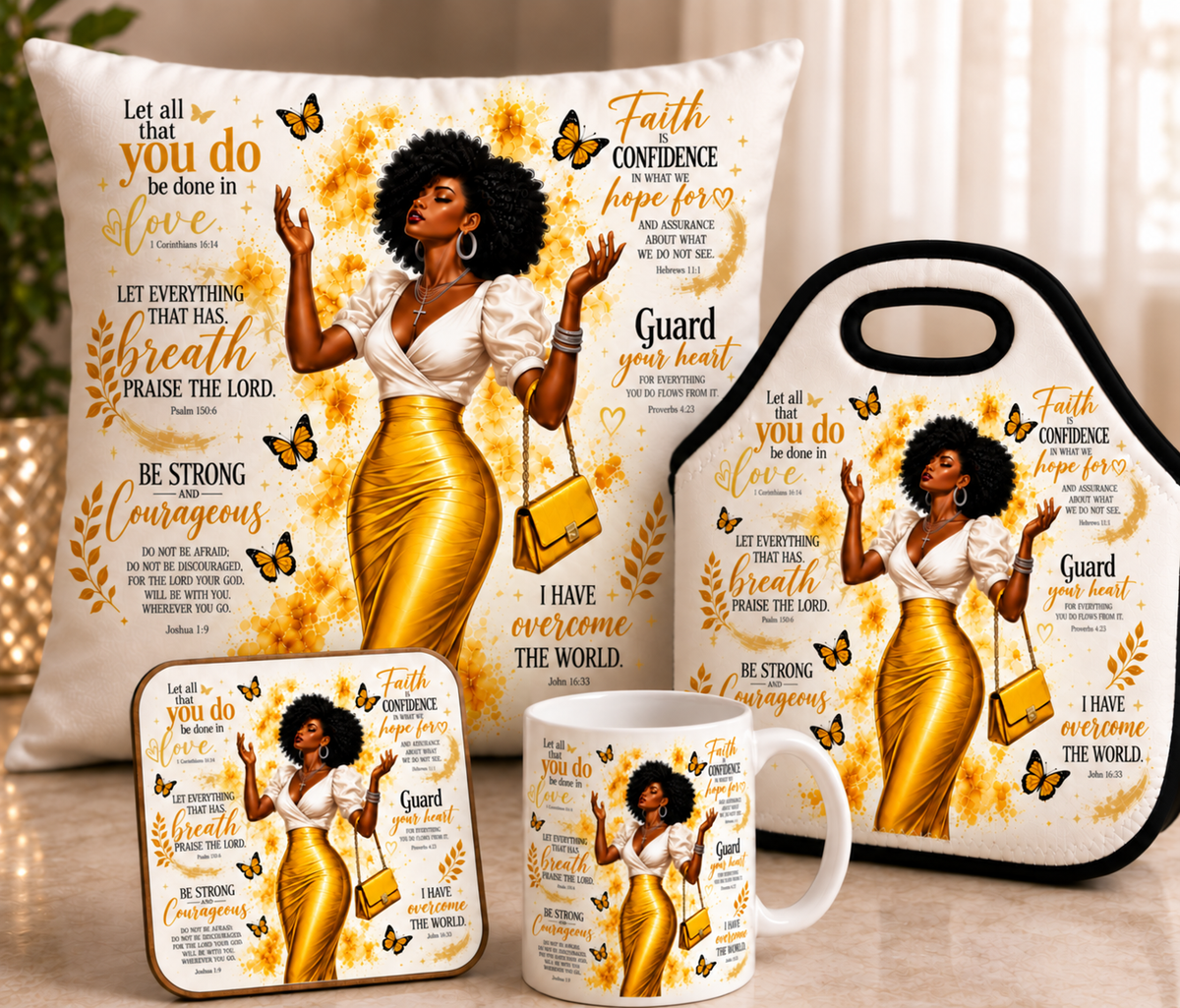 Christian Faith Gift Bundle | Mug, Throw Pillow, Lunch Tote & Coaster | Inspirational Bible Verse Gift for Women