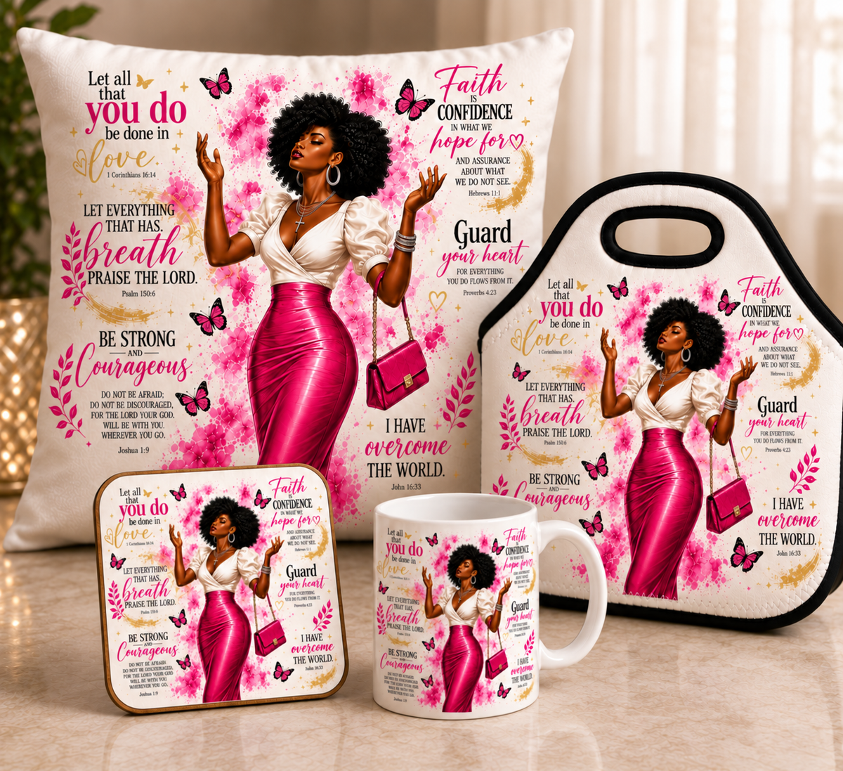 Christian Faith Gift Bundle | Mug, Throw Pillow, Lunch Tote & Coaster | Inspirational Bible Verse Gift for Women