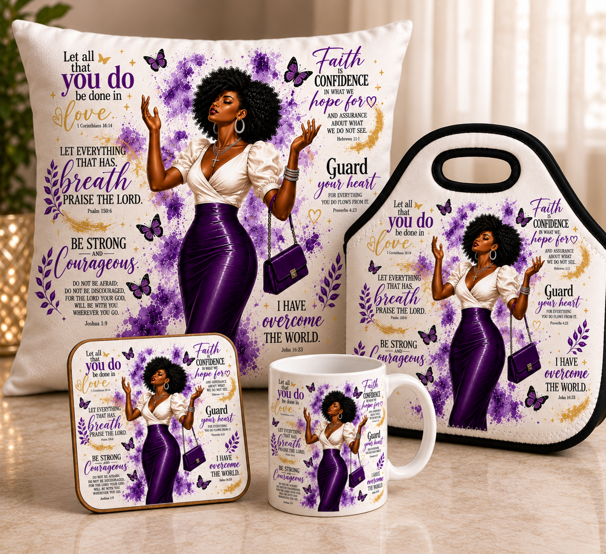Christian Faith Gift Bundle | Mug, Throw Pillow, Lunch Tote & Coaster | Inspirational Bible Verse Gift for Women