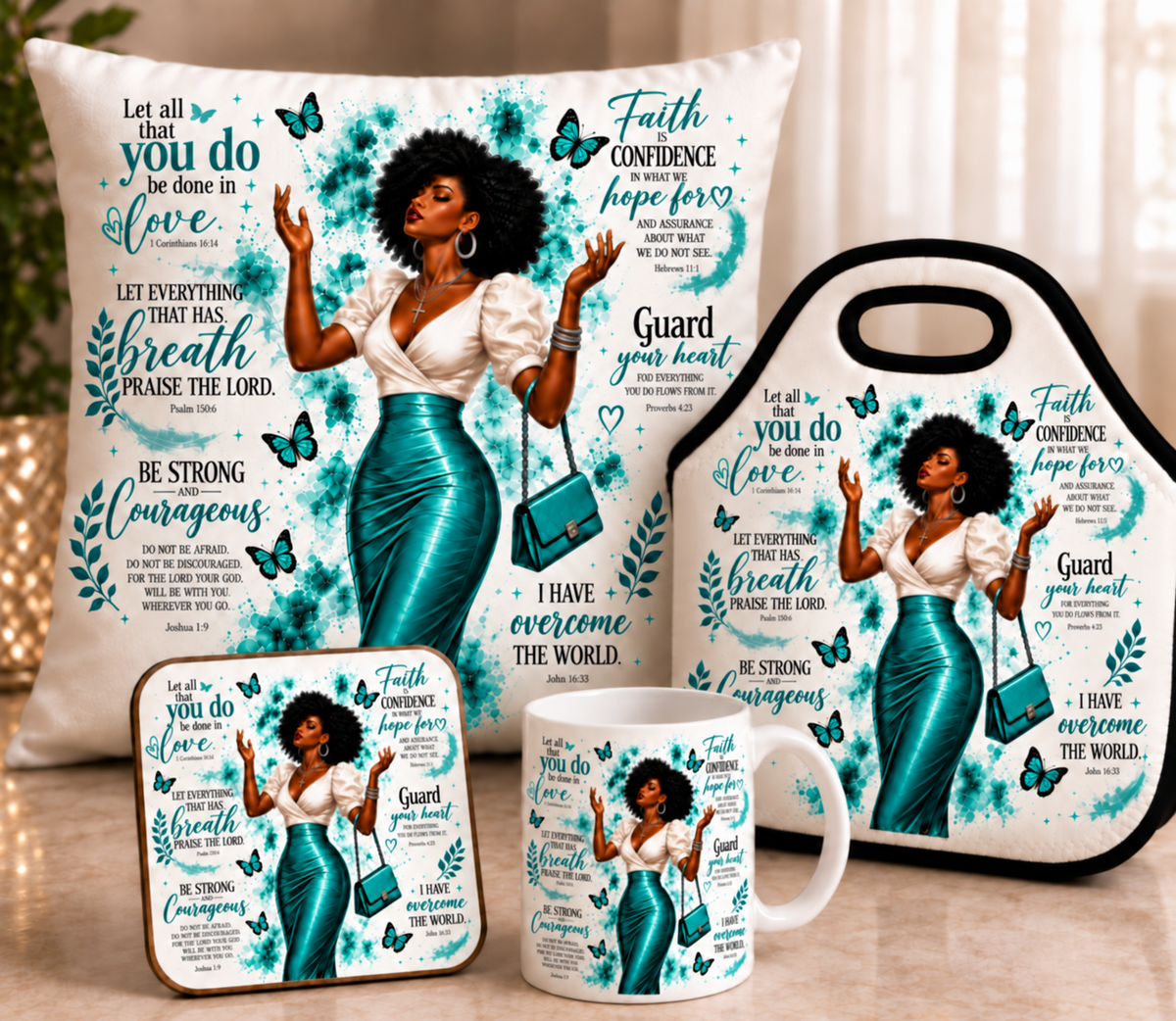 Christian Faith Gift Bundle | Mug, Throw Pillow, Lunch Tote & Coaster | Inspirational Bible Verse Gift for Women