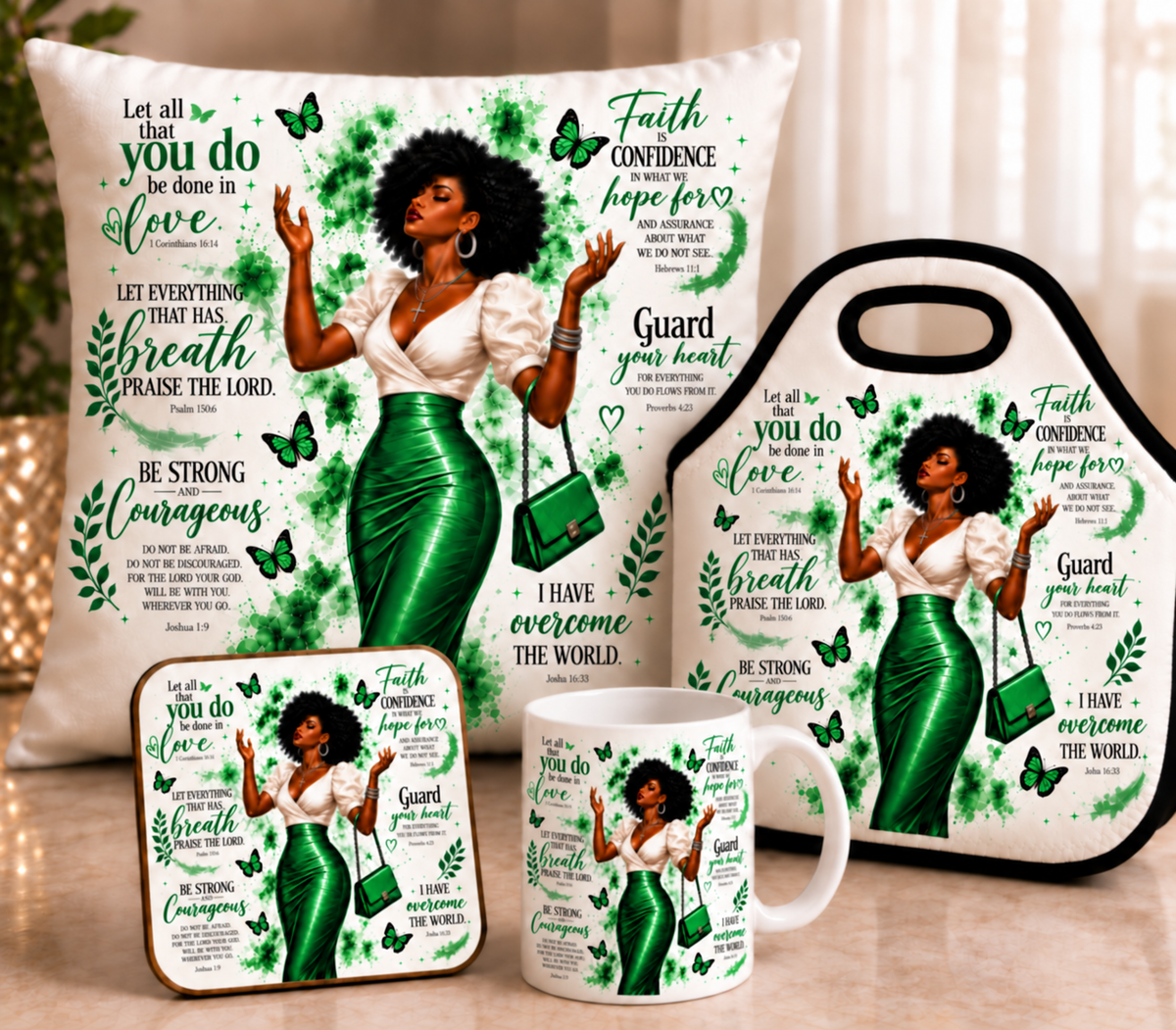 Christian Faith Gift Bundle | Mug, Throw Pillow, Lunch Tote & Coaster | Inspirational Bible Verse Gift for Women