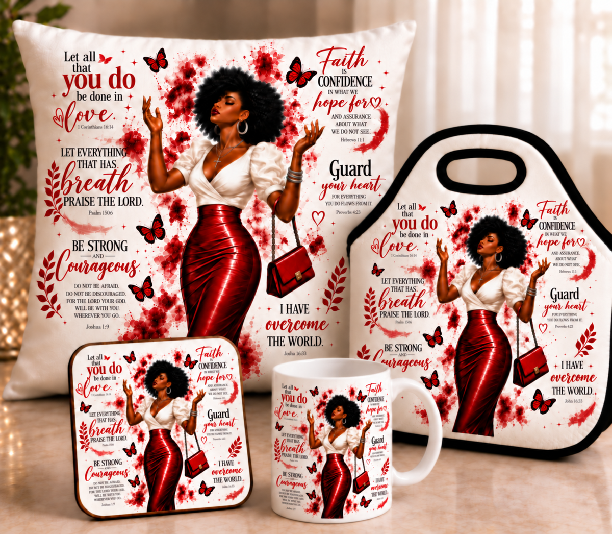 Christian Faith Gift Bundle | Mug, Throw Pillow, Lunch Tote & Coaster | Inspirational Bible Verse Gift for Women