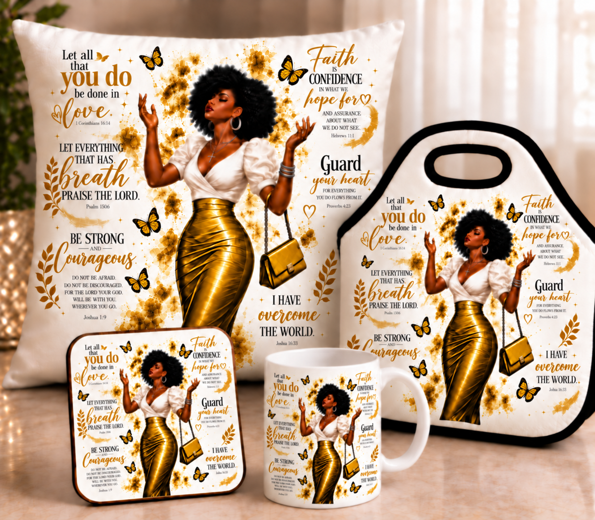 Christian Faith Gift Bundle | Mug, Throw Pillow, Lunch Tote & Coaster | Inspirational Bible Verse Gift for Women