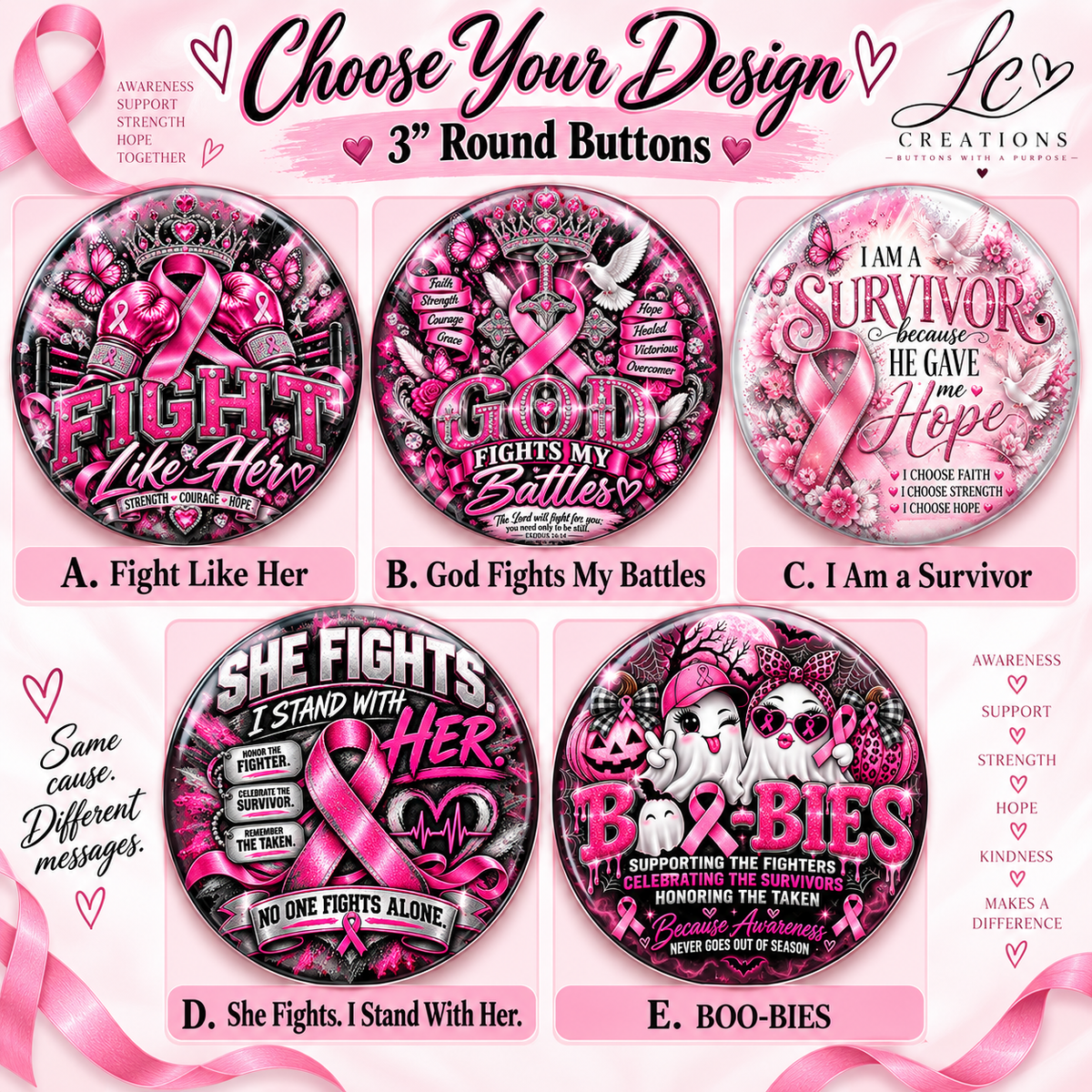 3" Breast Cancer Awareness Buttons | Singles & Assorted Packs