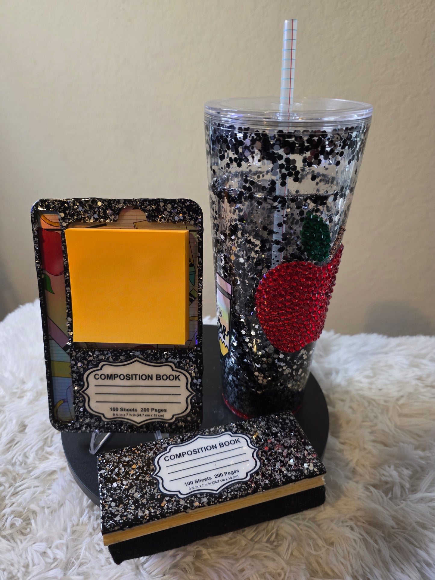 Composition Notebook Snowglobe Tumbler – Glitter Teacher Tumbler Cup | Teacher Gift Bundle with Sticky Note Holder & Dry Erase Board Eraser