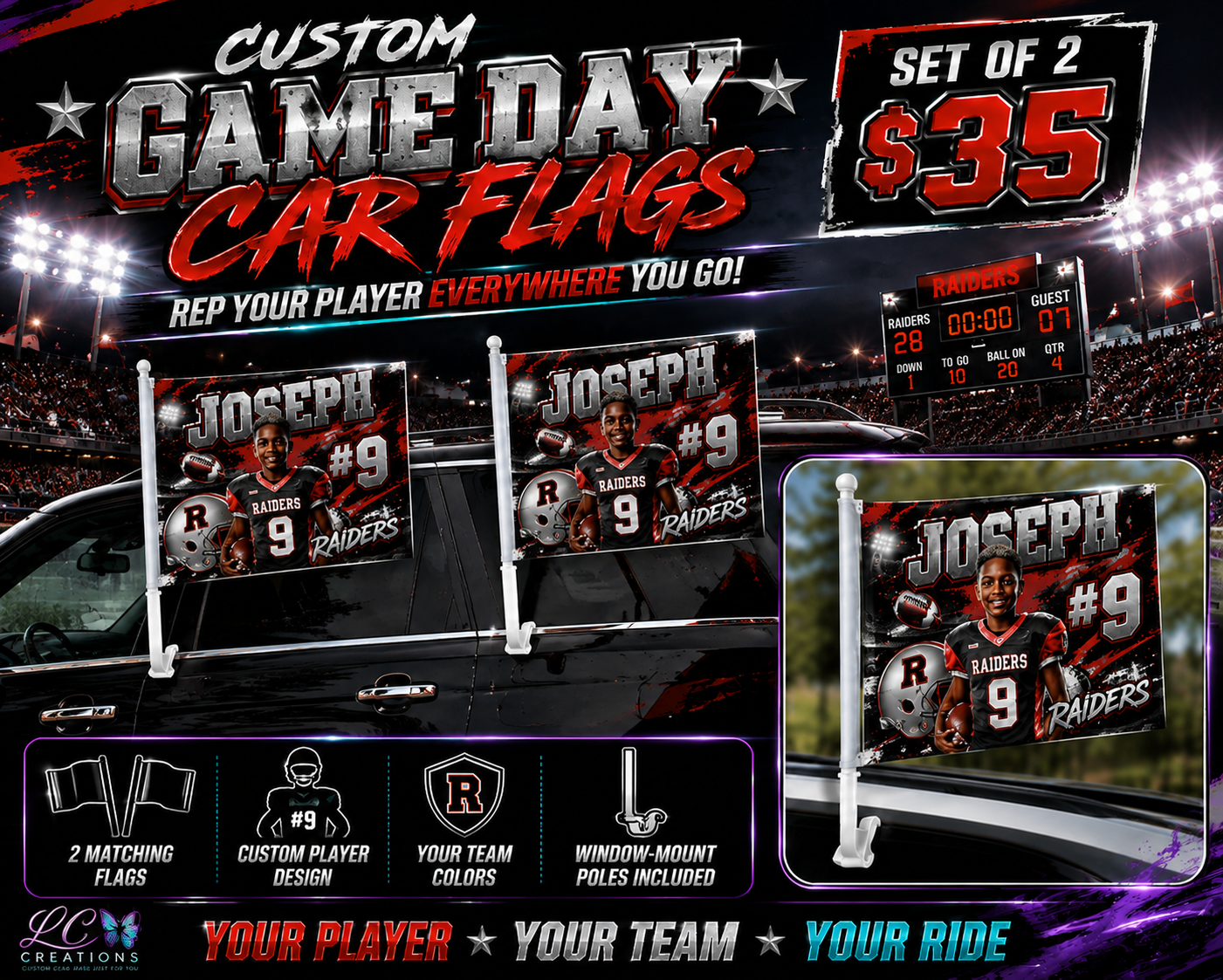 Custom Game Day Car Flags - Set of 2