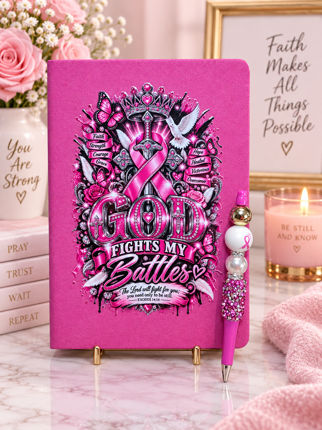 God Fights My Battles Breast Cancer Awareness Journal & Pen Set