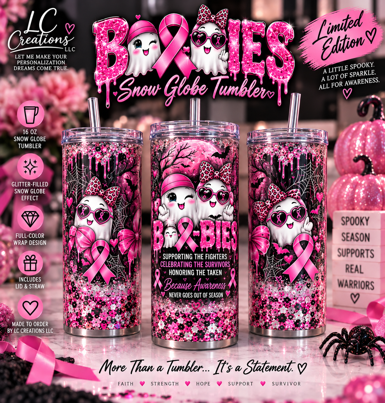 BOO-BIES Breast Cancer Awareness Snow Globe Tumbler | Limited Edition