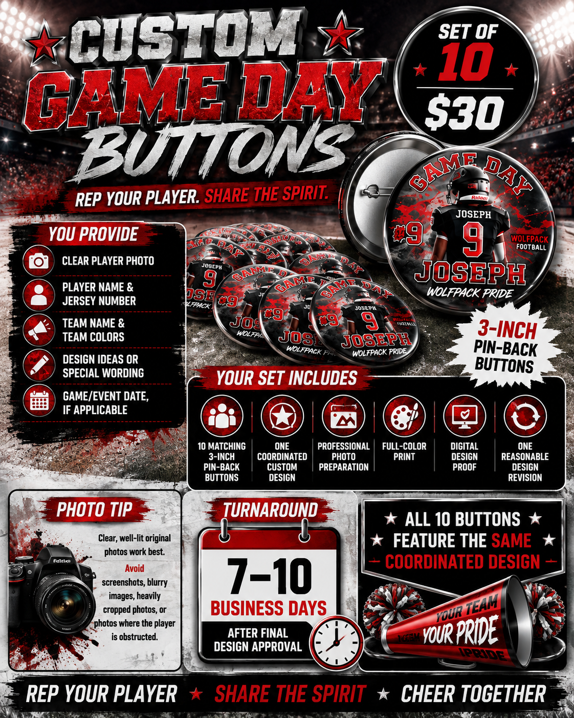 Custom Game Day Buttons - Set of 10