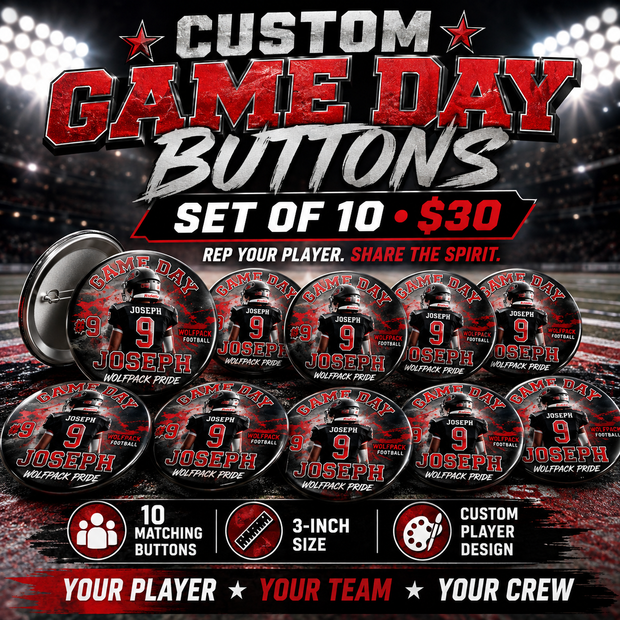 Custom Game Day Buttons - Set of 10